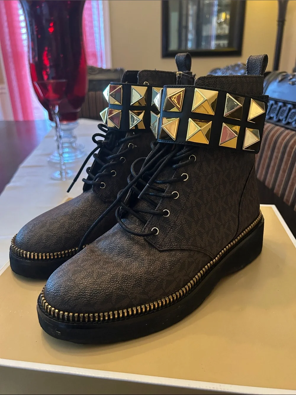 Michael Kors Black Logo Combat Boots with Gold Pyramid Stud Strap